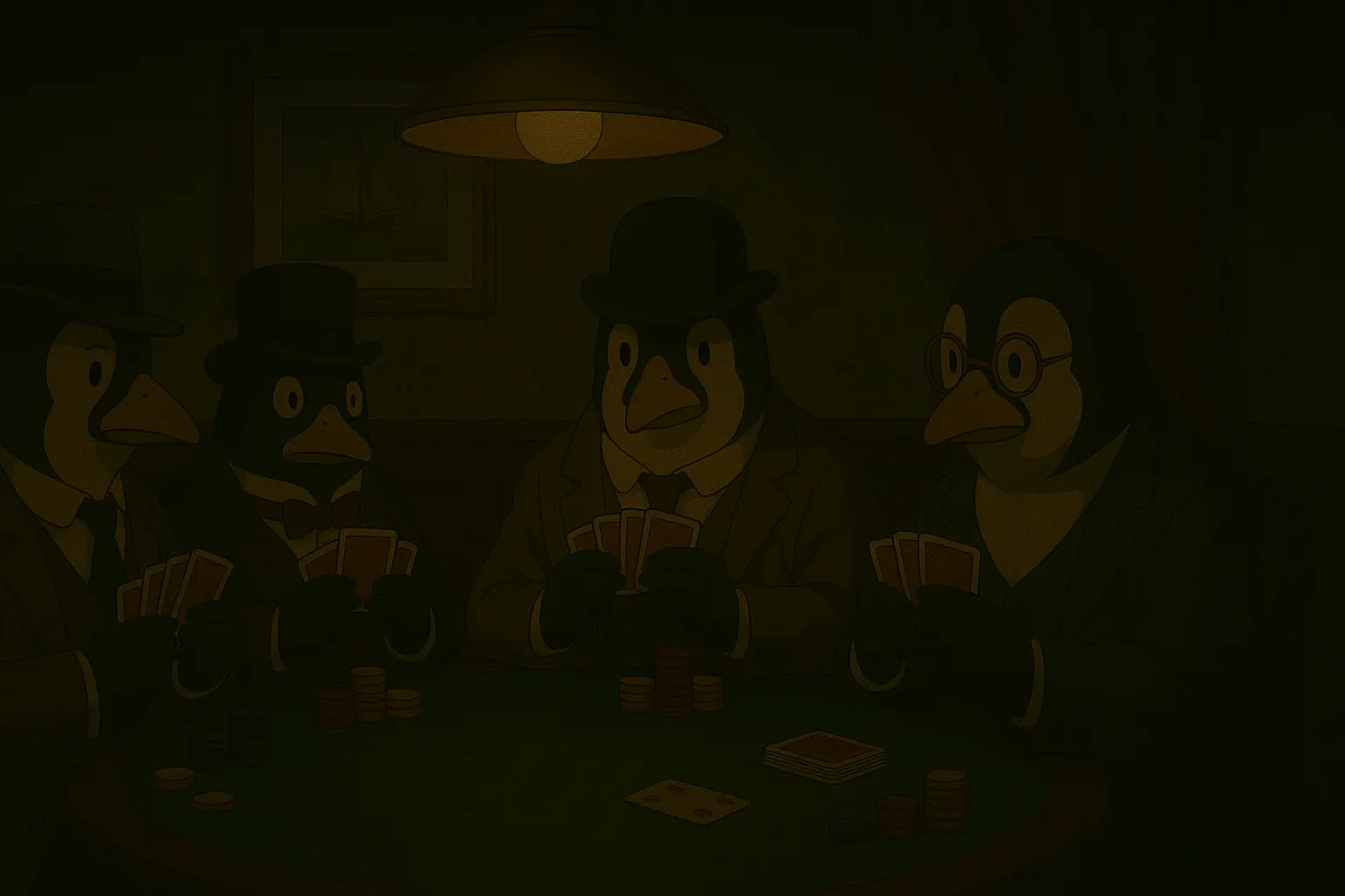 A bunch of penguins sitting around a poker table